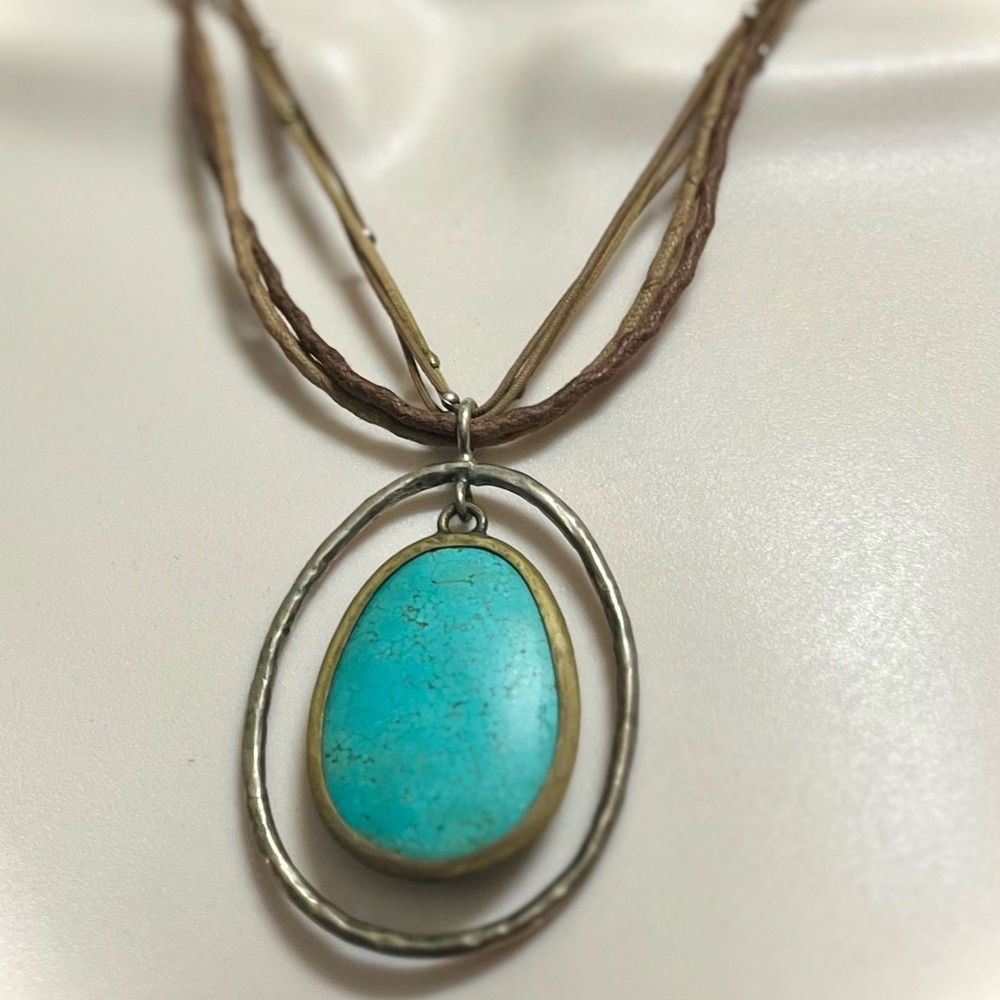 Silpada Howlite Turquoise Pendant Necklace with Brown Cord .925 Silver frame. - Picture 5 of 9